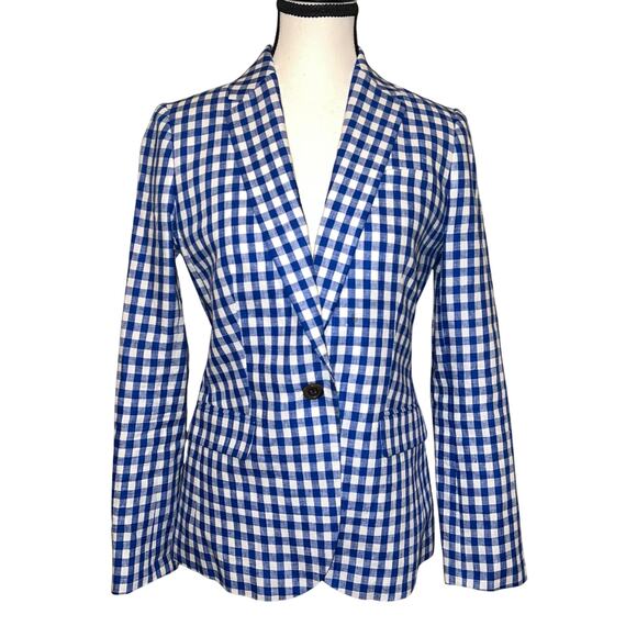 J Crew 100% Linen Campbell Blazer Jacket Navy Blue White Gingham Check Size 0 - Picture 3 of 14